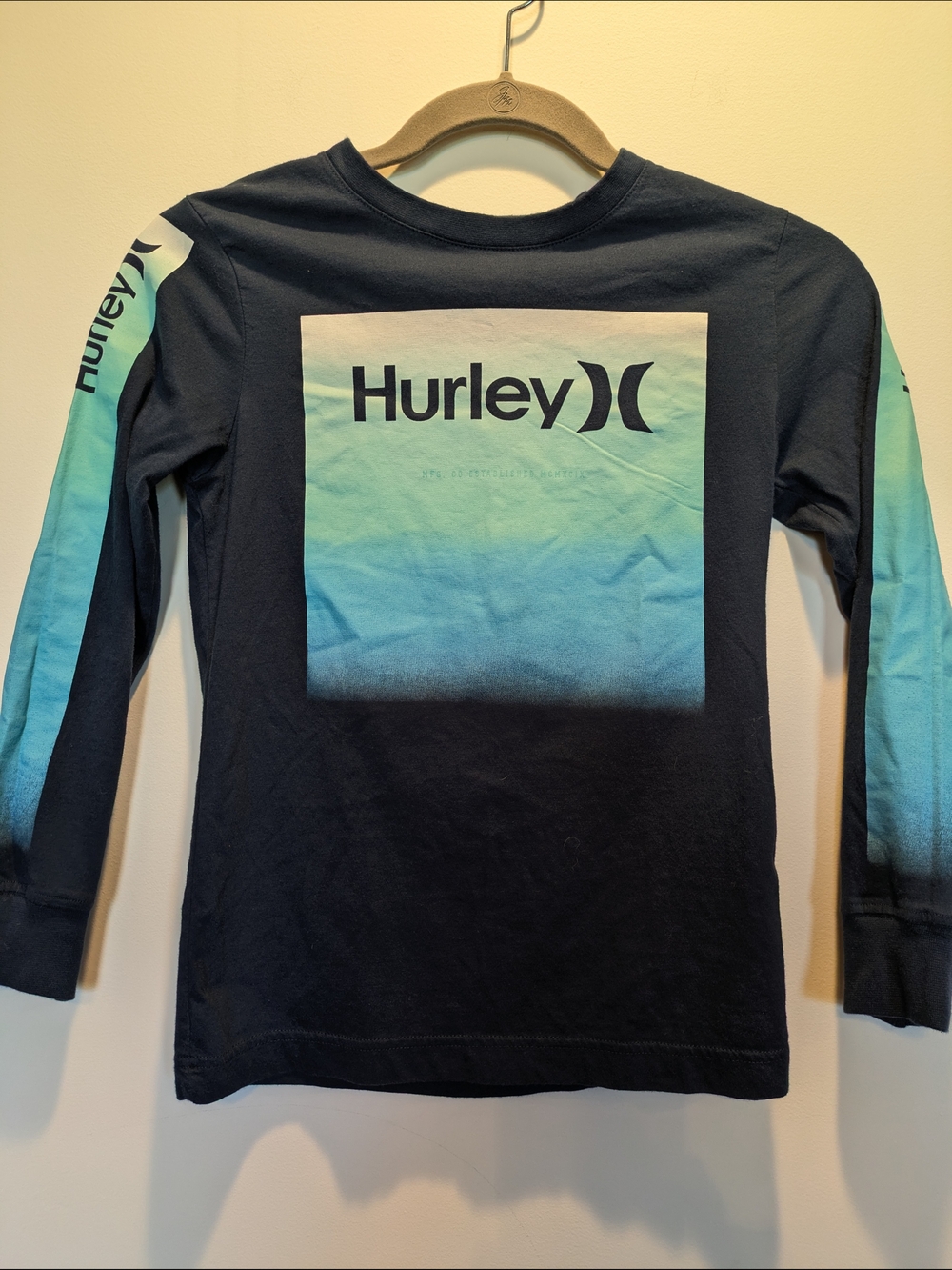 Hurley Boys' Navy Ombre Long Sleeve Graphic Tee Small 8-10 Years 🌊